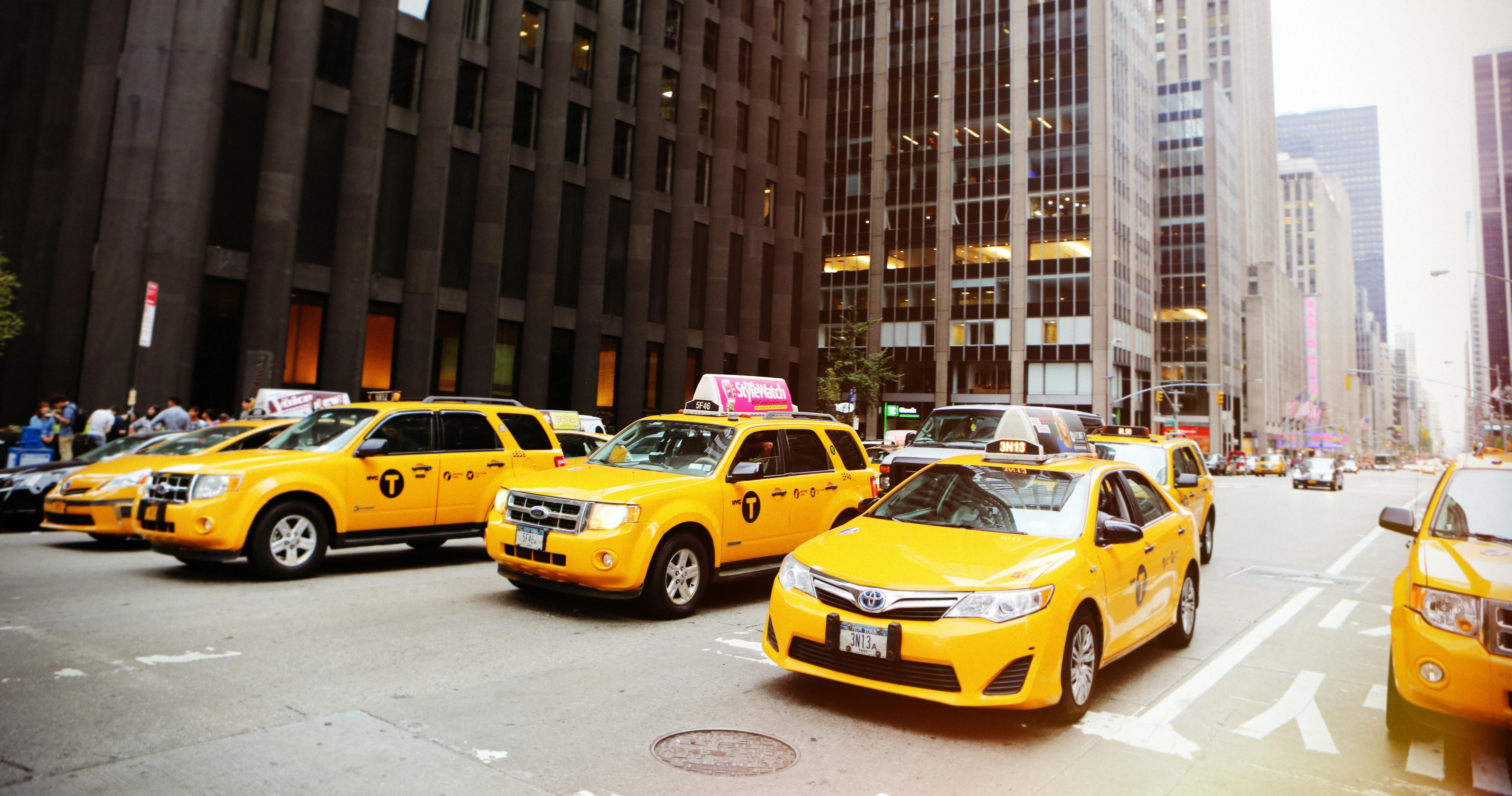 Several New York taxi cabs.